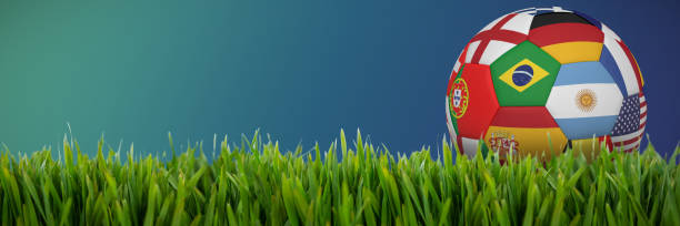 Composite image of football in multi national colours Football in multi national colours against close-up of grass mat football2014 stock pictures, royalty-free photos & images