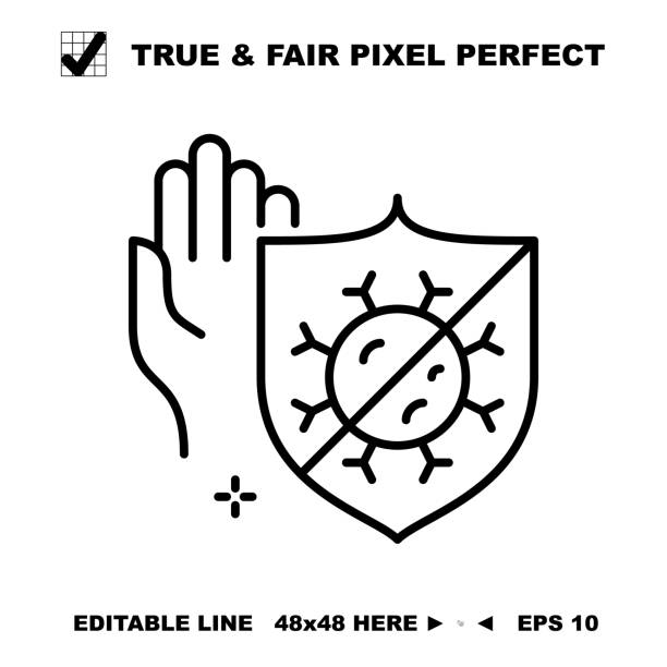 illustrations, cliparts, dessins animés et icônes de bouclier immunitaire de sécurité contre le virus corona et le vecteur d’icône de ligne de main d’homme pour l’ensemble médical antibactérien d’illustration de covid. true and fair pixel perfect icône 48x48 course modifiable. icône de contour - security order bacterium biology