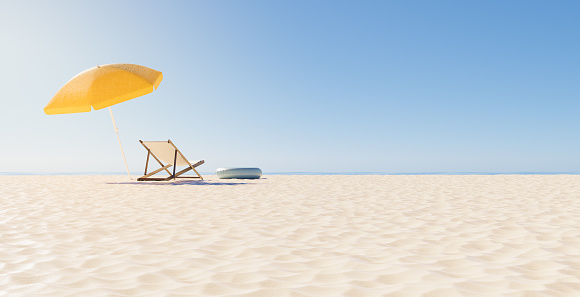 back view of a chair with umbrella on the beach and clear horizon. summer vacation concept. 3d rendering