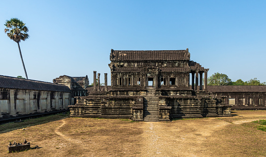 Angkor Wat, Cambodia - January 20, 2020: The Thousand God Library building at Angkor Wat temple. The Angkor Wat is a Hindu temple complex in Cambodia and is the largest religious monument in the world.