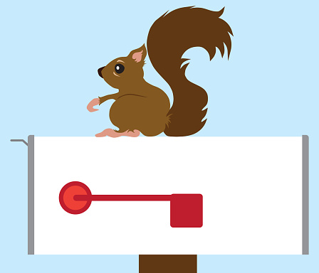 A flat vector cartoon squirrel is resting on a country mailbox
