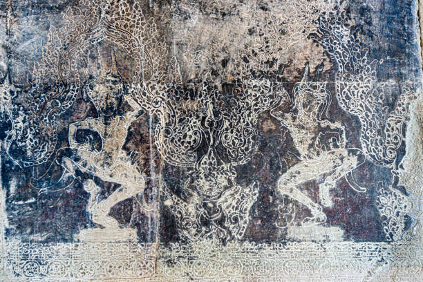 a historical painting at the Ramayana Gallery of the Royal Palace in the city of Phnom Penh of Cambodia.  Cambodia, Phnom Penh, February, 2001