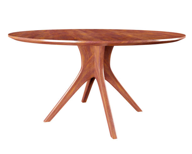 istock Round wooden retro table, dining table isolated on white background. Clipping path included. 3D render. 1305192888