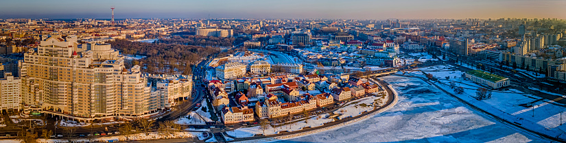 Aerial panorama of historical center of Minsk with modern and old buildings. Travel concept.