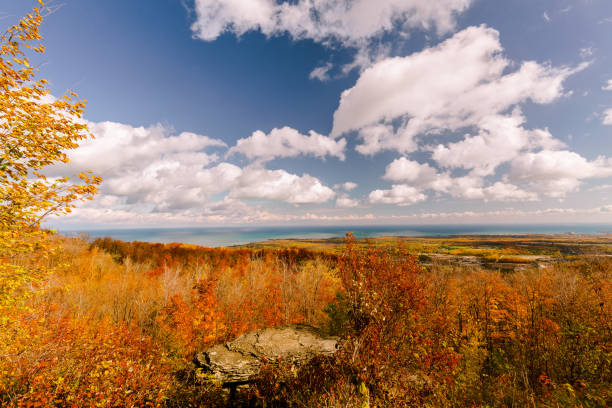 gorgeous view from the mountain on Georgian Bay, Lake Huron with tranquil, turquoise waters on sunny autumn sunny day stock photo