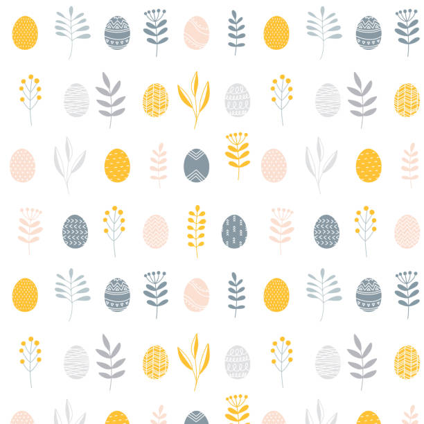 illustrations, cliparts, dessins animés et icônes de modèle minimaliste scandinave de surface de pâques sans couture avec des oeufs peints et des branches florales, illustration de vecteur sur le fond blanc. texture folklorique nordique - decoration eggs leaf easter