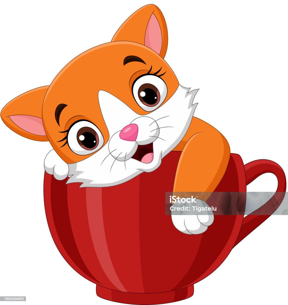Mèo Con Dễ Thương Hoạt Hình Ngồi Trong Cốc Màu Đỏ Hình minh họa ...