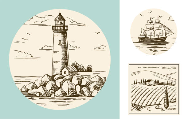 A lighthouse on a rocky shore and a ship on the horizon. Hand drawn sketch. Vintage style. Color vector illustration . A lighthouse on a rocky shore and a ship on the horizon. Hand drawn sketch. Vintage style. Color vector illustration . lighthouse drawings stock illustrations