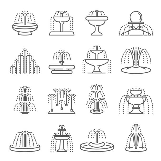 brunnentypen dünne liniensymbole, die isoliert auf weiß gesetzt sind. architektur gießt wasserpiktogramme. - fountain stock-grafiken, -clipart, -cartoons und -symbole