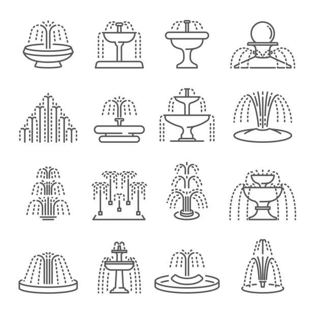 Fountain types thin line icons set isolated on white. Architecture pouring water pictograms. Fountain types thin line icons set isolated on white. Architecture pouring water outline pictograms collection. Waterfall, tiered, classic, cascading, splash, dancing equipment vector element for web. fountains stock illustrations