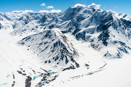 Panoramic High mountain winter landscape  Powder snow at the top.  Italian Alps  ski area. Ski resort Livignio. Italy, Europe.