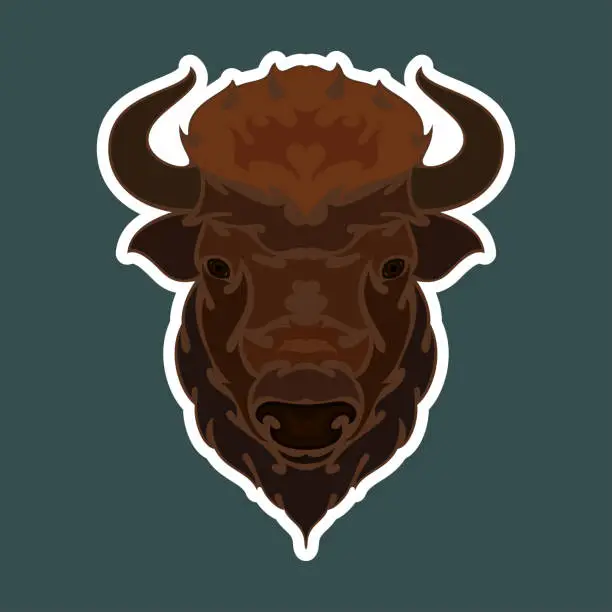 Vector illustration of Hand drawn abstract portrait of a bison. Sticker. Vector stylized colorful illustration isolated on dark background.