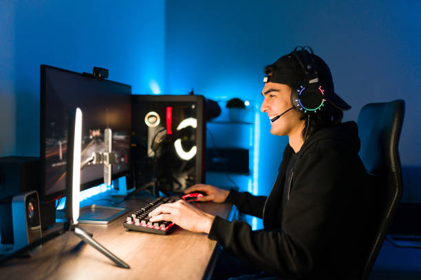 istock Hispanic man doing a live stream to play videogames with his friends 1305224058