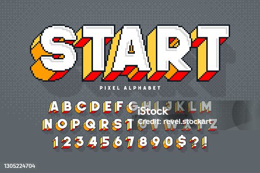 istock Pixel vector alphabet design, stylized like in 8-bit games. High contrast, retro-futuristic. 1305224704