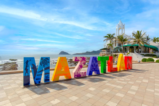 Big Mazatlan Letters at the entrance to Golden Zone Zona Dorada , a famous touristic beach and resort zone in Mexico stock photo