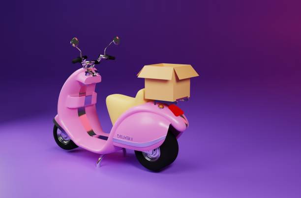 istock 3D Rendering pink motor scooter with box in purple background for delivery order 1305232385