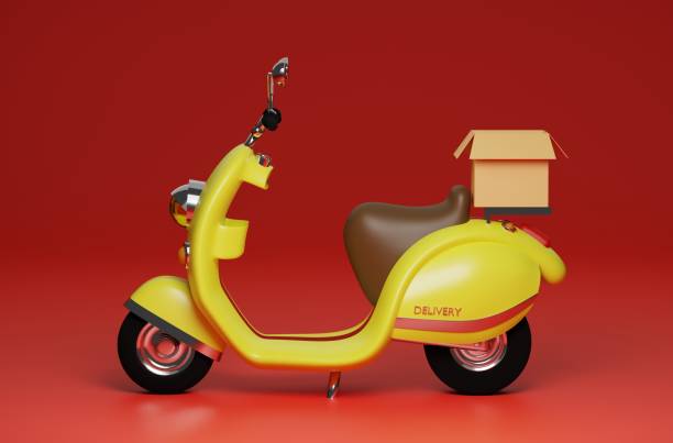 istock 3D Rendering yellow motor scooter with box in red background for delivery order 1305232413