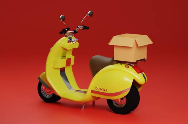 istock 3D Rendering yellow motor scooter with box in red background for delivery order 1305232417