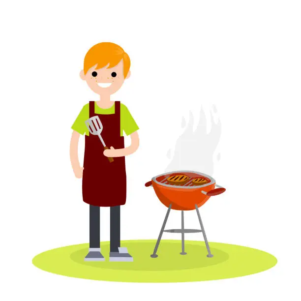 Vector illustration of Man prepares barbecue meat on a grill over fire. cook guy in apron. element of lunch on nature. delicious hearty meal. steak, medium rare, food - Cartoon flat illustration