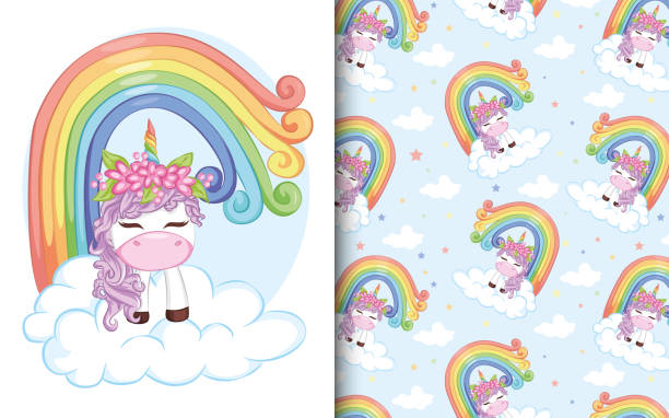 Cute little purple magical unicorn with rainbow and cloud. pattern with cute unicorns. Cute little purple magical unicorn with rainbow and cloud. pattern with cute unicorns. little rainbow clipart patterns stock illustrations