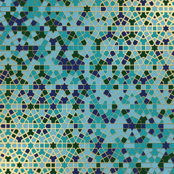 ilustrações de stock, clip art, desenhos animados e ícones de abstract background with islamic ornament, arabic geometric texture. golden lined tiled motif. - jihad