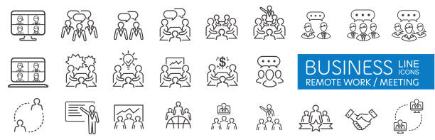 모임 라인 아이콘 집합입니다. 회의실, 팀, 팀워크, 프레젠테이션, 아이디어, 브레인스토밍 등으로 아이콘이 포함되어 있습니다. - business meeting stock illustrations
