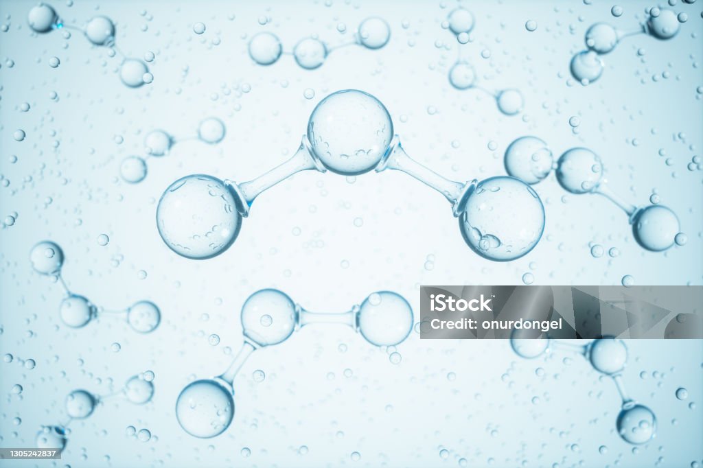 Molecular Structure Of Ozone With Transparent Bubbles And Blue Background. Molecule Stock Photo
