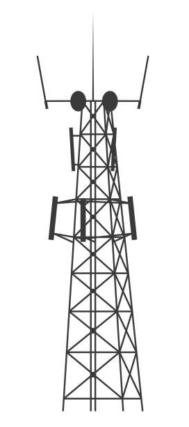 Transmission cellular tower. Mobile and radio communications tower with antennas for wireless connections. Outline vector illustration isolated on white background. Transmission cellular tower. Mobile and radio communications tower with antennas for wireless connections. Outline vector illustration on white background. radio silhouettes stock illustrations