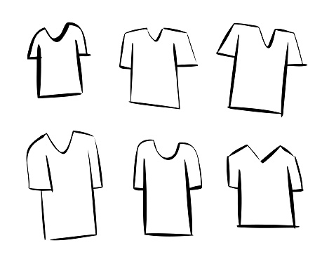 Vector illustration of a collection of white t-shirts. Cut out design elements on a white background.
