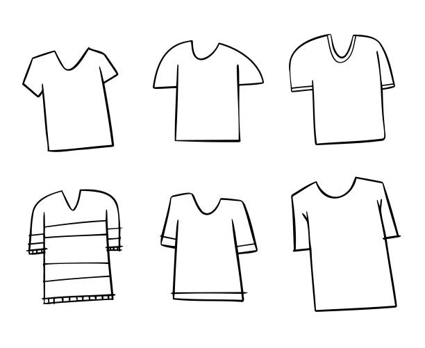 White t-shirts cartoon drawings Vector illustration of a collection of white t-shirts. Cut out design elements on a white background. coloring book page illlustration technique illustrations stock illustrations