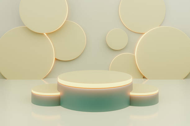 istock 3d rendered Stage podium on the floor, White and green product display mock up with modern backdrops studio, Green and Yellow Empty pedestal or podium Platforms for product presentation 1305246083