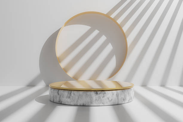 3d rendered Stage podium on the floor, product display mock up with modern backdrops studio, White marble gold Empty pedestal or podium Platforms for product presentation