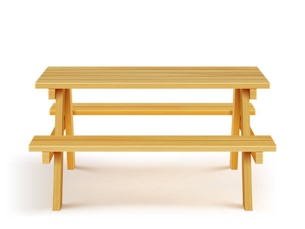 drewniany stół piknikowy z ławkami, drewnianymi meblami - bench park bench park wood stock illustrations