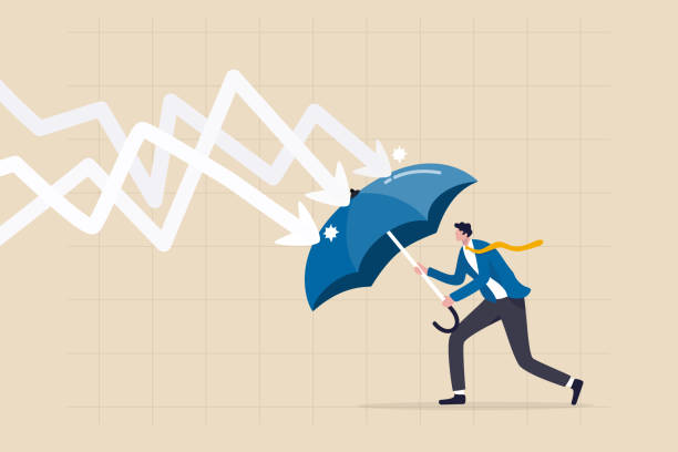ilustrações de stock, clip art, desenhos animados e ícones de protection or defensive stock in economy crisis or market crash, business resilient to survive difficulty or insurance concept, businessman holding umbrella to cover and protect from downturn arrow. - trade deficit