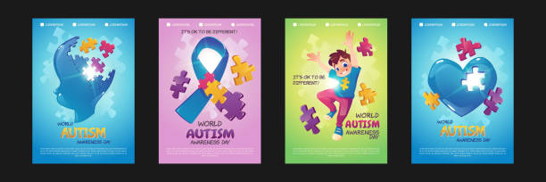 World autism awareness day posters World autism awareness day posters. Vector set of flyers with cartoon illustrations of happy boy, child head, ribbon and heart with puzzle pieces. Support people with mental spectrum disorders autism stock illustrations