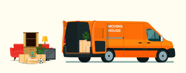 illustrazioni stock, clip art, cartoni animati e icone di tendenza di cose nella scatola nel bagagliaio del furgone merci. moving house. illustrazione vettoriale in stile piatto. - truck moving van moving house box