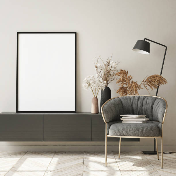 istock mock up poster frame in modern interior background, scandinavian style, 3D render 1305251576