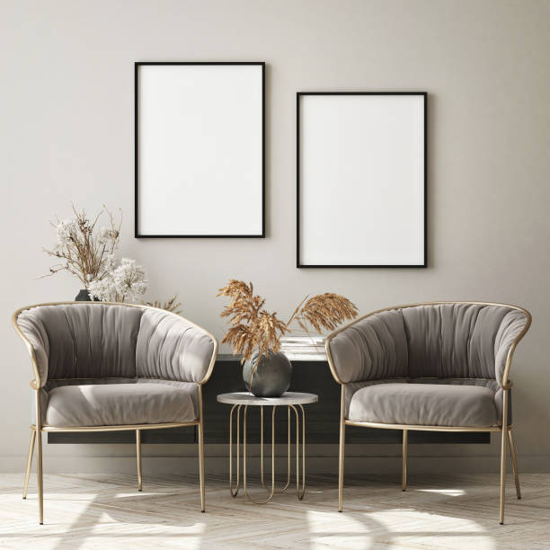istock mock up poster frame in modern interior background, scandinavian style, 3D render 1305251578