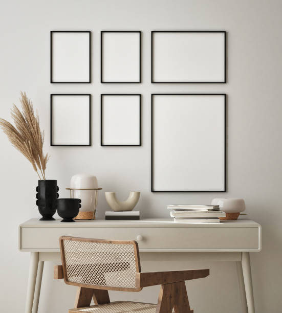 istock mock up poster frame in modern interior background, scandinavian style, 3D render 1305251579