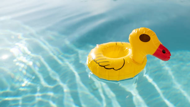 istock Cute yellow rubber duck floating on blue water in a pool. 1305255123