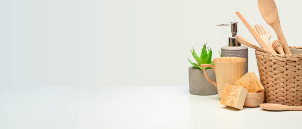 istock Zero waste concept, creative mock up scene with wooden kitchenware, plant pot and copy space 1305258137