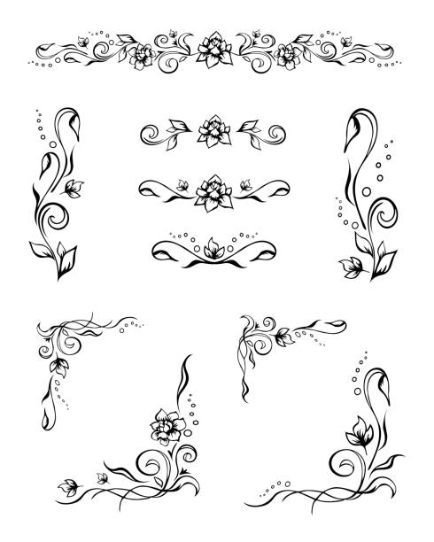 set von verschiedenen eleganten floralen textteiler und rahmenecken mit rosen, knospen und blüht. handgezeichnete verzierte designelemente für dekoration, drucke - paper corner ornate frame stock-grafiken, -clipart, -cartoons und -symbole