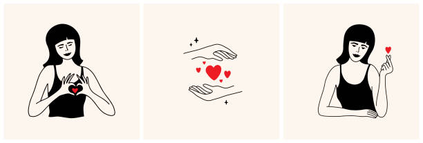 Set of vector illustrations with women showing hand sign of love making fingers gesture small heart Set of vector illustrations with beautiful women showing love sign by hands. Self care, share love, body positive, acceptance. Female palms hold red hearts shapes. Smiling lady making fingers gesture self love stock illustrations