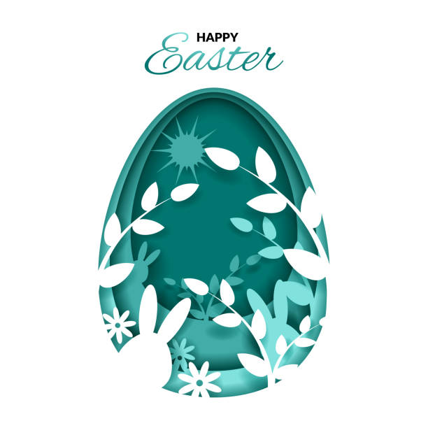 ilustrações de stock, clip art, desenhos animados e ícones de happy easter greeting card with cut out paper egg. - decoration eggs leaf easter