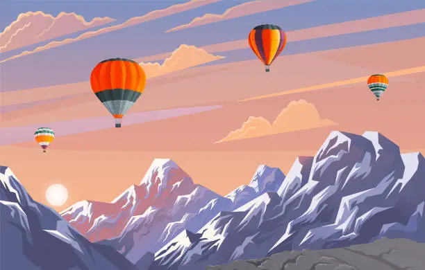 Vector illustration of Beautiful evening landscape with pink clouded sky, sunset and mountains, flying air balloons