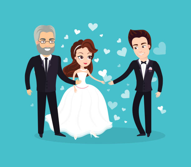 Wedding Party Tradition, Father of Bride and Groom Wedding vector, father standing with his daughter, bride wearing dress and groom in formal suit, people in love on special day ceremony flat sty bride hugging father on wedding day stock illustrations