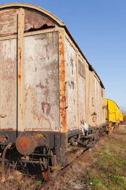 istock Old abandoned weathered and rusty train cargo wagon on an old train tracks 1305263675