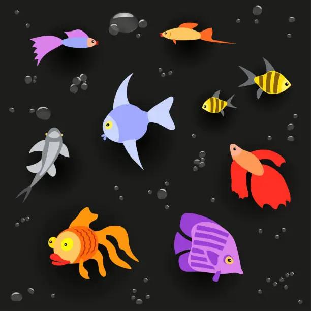 Vector illustration of aquarium fish set on dark background