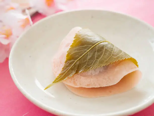 sakura mochi (Bean paste rice cake wrapped in a cherry leaf)