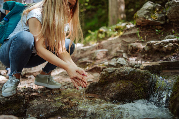 istock Young woman washing hands in mountain spring 1305265677